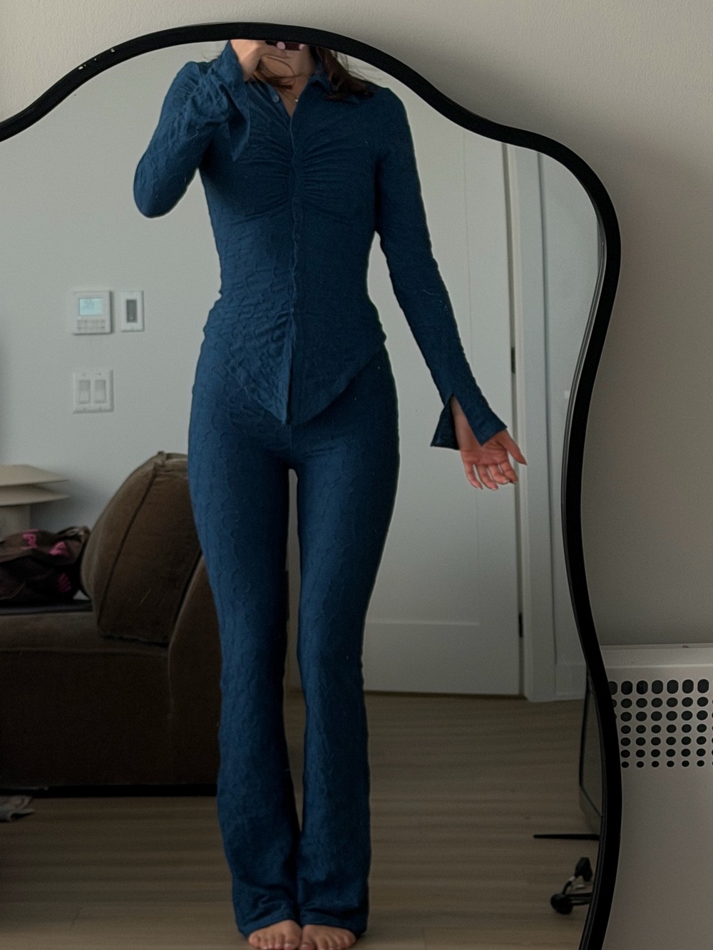 Fashion Nova Dark Teal Textured Boot-Cut Jumpsuit